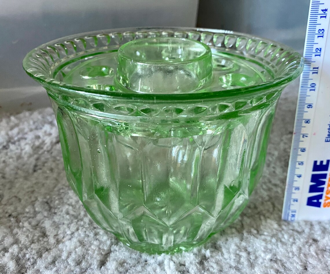 Green Depression Glass vase with frog insert Etsy
