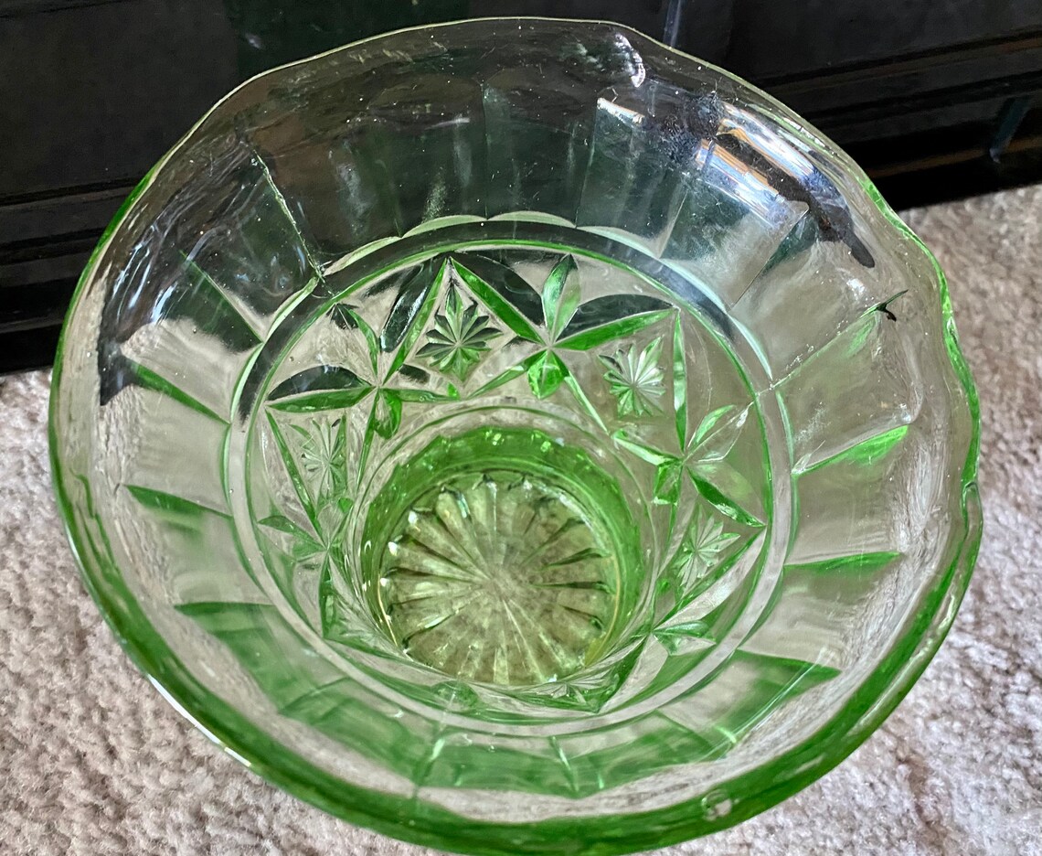 Green Depression Glass vase with frog insert Etsy