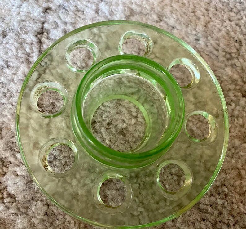 Green Depression Glass vase with frog insert Etsy