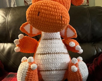 Hand Crocheted Dragon Plush Toy – 24 Inch Orange Amigurumi Stuffed Animal