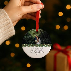 Custom Photo Ceramic Ornament, Mr & Mrs, First Christmas Married