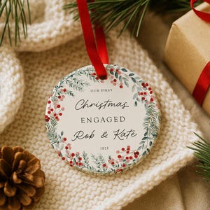 Personalized First Christmas Engaged Ceramic Ornament, Keepsake Bauble