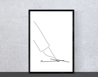May include: A black framed print featuring a simple line drawing of a pen signing a document.