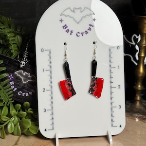 Spooky Chop Chop Knife Halloween Earrings, Mirrored blood splatter knife Earrings
