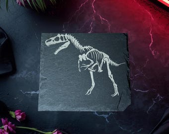 Allosaurus Fossil Skeleton Coaster, Slate Stone Laser Engraved Dinosaur Coaster