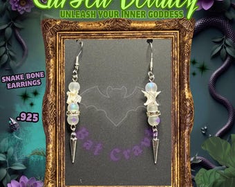 Real Snake Vertebrae Dangle Earrings: Sterling Silver Hooks, Medusa Mist Glass Beads