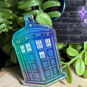 Chibi Police Box Keychain: Double-Sided Holographic Acrylic Charm