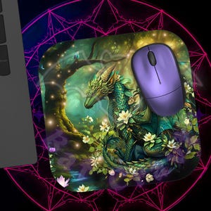Forest Dragon Mouse Pad: Green Blossom Fantasy Design
