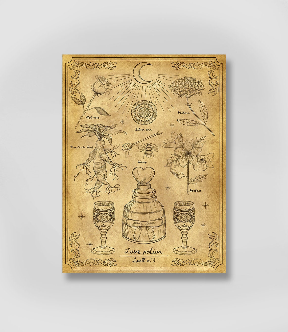 Affiche Sortilège Philtre d'amour Parchemin A3, Print Dark Art Sorcellerie Grimoire Love Potion Magi