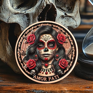 Amor Fati コイン ストイック メダリオン、Memento Mori リマインダー コイン ストイシズム 日常携帯トークン ローズ スケルトン ストイック哲学 男性 女性へのギフト