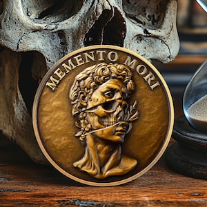May include: A bronze coin with the inscription "MEMENTO MORI" around the edge. The coin depicts a classical bust, its face partially replaced by a skull. A sprig of leaves is held in the mouth, with a skull in the background.