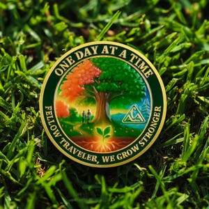 May include: A round, gold-colored coin with a green border and the words "ONE DAY AT A TIME" around the top. The coin features a tree with orange and green leaves, a path with figures, and the text "FELLOW TRAVELER, WE GROW STRONGER."