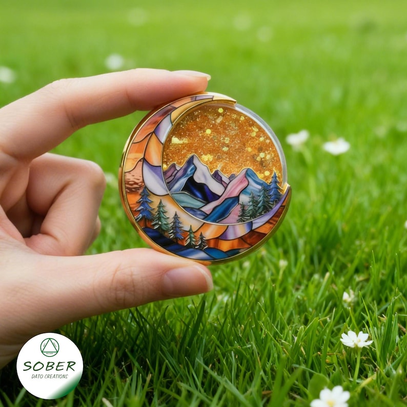 Quicksand Sobriety Coin AA Medallion, Moon Mountain Recovery Gift image 5