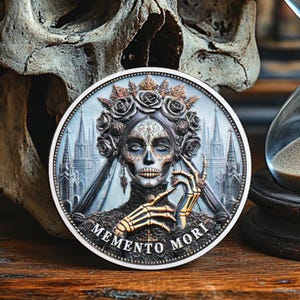 Gothic Queen Skull Memento Mori Coin Antique Silver Amor Fati Medallion