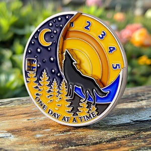 AA NA Chip Sobriety Medallion, Howling Wolf Sober Anniversary Gift