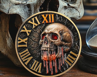 May include: A round, bronze-colored coin featuring a skull with red eyes and dripping blood. Roman numerals mark the hours around the skull. The coin is set against a blurred background of a skull and an hourglass.