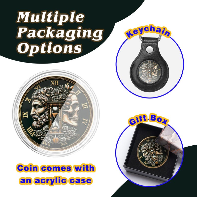 K&ouml;nnte beinhalten: Eine goldfarbene M&uuml;nze mit einem Totenkopf und einem M&auml;nnergesicht, umgeben von Rosen und einer Sanduhr. Die M&uuml;nze befindet sich in einem Acryl-Etui, einem Leder-Schl&uuml;sselanh&auml;nger und einer Geschenkbox. Der Text "Multiple Packaging Options" befindet sich oben im Bild.