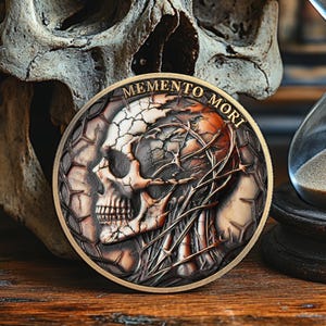 Può includere: Una moneta rotonda di colore bronzo con un designo di teschio tridimensionale dettagliato. Il teschio è circondato da viti intricate e le parole "Memento Mori" sono incise attorno al bordo.