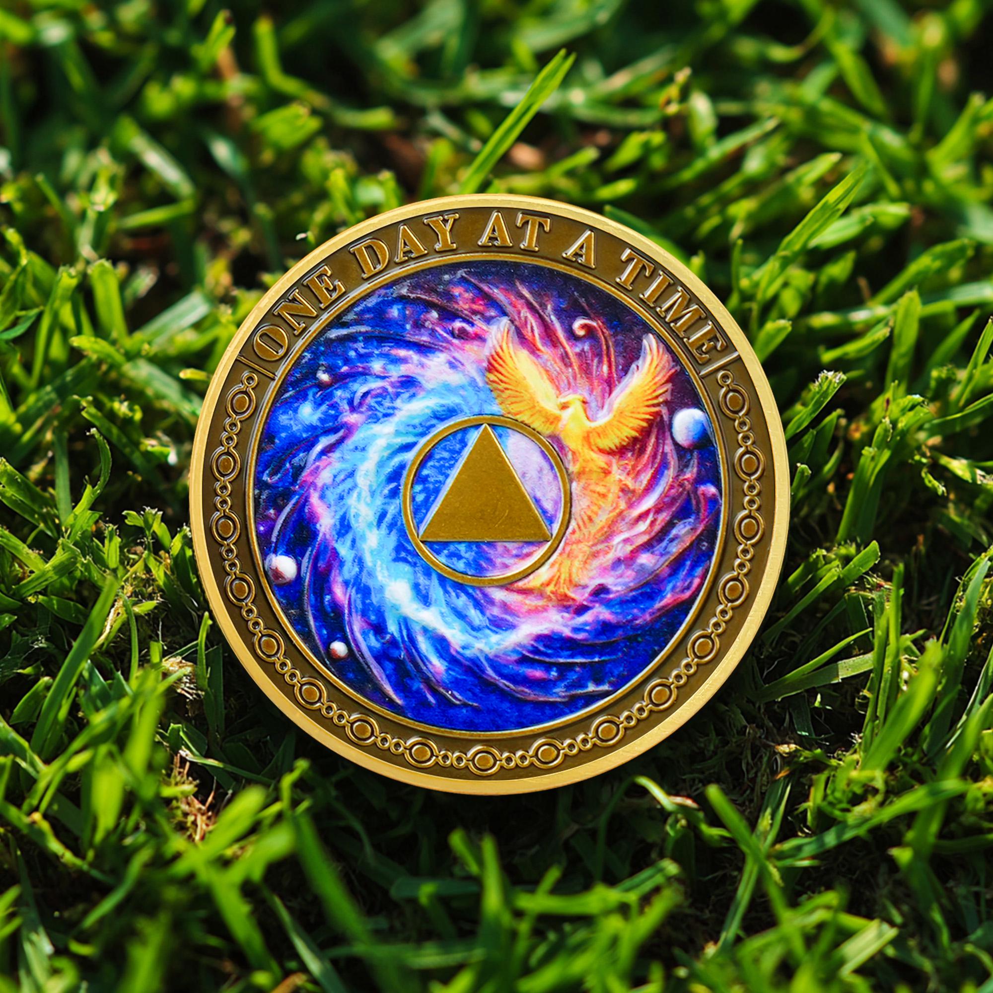 1-99 Years Sobriety Coin The Phoenix Born from the Cosmic Vortex,Customized Recovery Medal Celebrate Alcoholics Anonymous Gift for Men Women