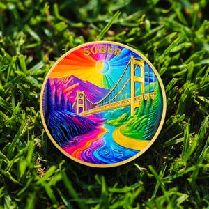 Sobriety Coin Rainbow Sober Bridge, Pocket Token Milestone Medallion Celebrate Recovery Addiction NA AA Anniversary Gift for Men Women