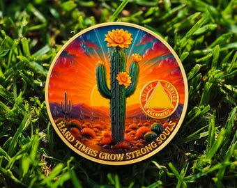 Custom 1-99 Years Sobriety Coin, Cactus Design One Day At A Time Recovery Gift