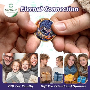May include: A round, gold-colored coin with a mountain and moon design is held between two hands. The coin features a colorful landscape with a mountain range, trees, and a starry sky. The text "Eternal Connection" is above the coin. Below are images of people with gifts.