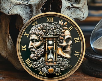 Memento Coin Skull and Hourglass, Stoicism Challenge Coin Daily Reminder Pocket Token Inspirational Gift for Men Women
