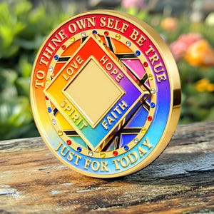 May include: A gold coin with a rainbow-coloured centre. The coin features the words "TO THINE OWN SELF BE TRUE" and "JUST FOR TODAY". The centre has the words "LOVE", "HOPE", "SPIRIT", and "FAITH".