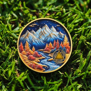 1-99 Years Customized Sobriety Coin AA Medallion, Autumn Mountains Recovery Carry Chip Celebrate Alcoholics Anonymous Gift for Men Women