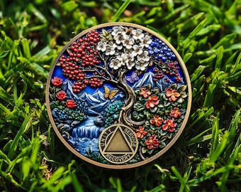 Moneta commemorativa dell'Albero della Vita per la sobrietà (da 1 a 99 anni), medaglione dei Quattro Stagioni degli Alcolisti Anonimi per il recupero (12 passi), regalo