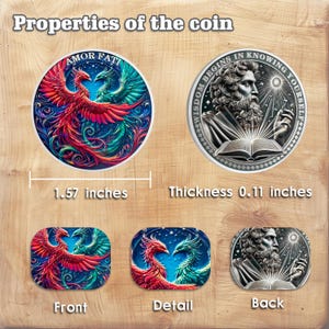 May include: A silver coin with a diameter of 1.57 inches and a thickness of 0.11 inches. The front side features two phoenixes, one red and one green, against a dark blue background with stars. The back side features a man with a beard and long hair, holding a book with a bright light emanating from it. The text "WISDOM BEGINS IN KNOWING YOURSELF" is inscribed around the man. The text "AMOR FATI" is inscribed around the phoenixes.