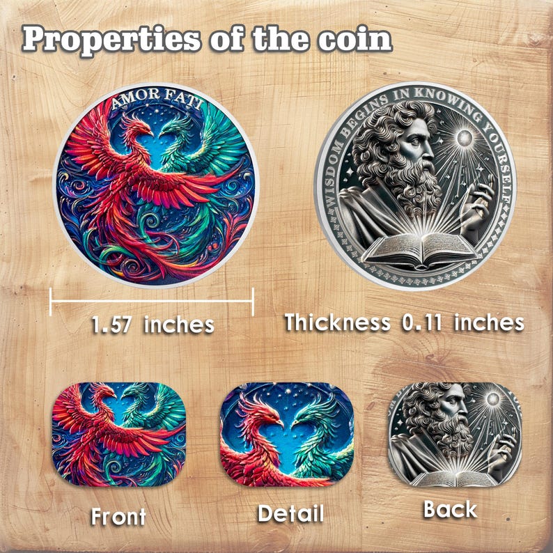 May include: A silver coin with a diameter of 1.57 inches and a thickness of 0.11 inches. The front side features two phoenixes, one red and one green, against a dark blue background with stars. The back side features a man with a beard and long hair, holding a book with a bright light emanating from it. The text "WISDOM BEGINS IN KNOWING YOURSELF" is inscribed around the man. The text "AMOR FATI" is inscribed around the phoenixes.