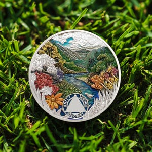 Può includere: Una moneta d'argento con una scena paesaggistica dettagliata con montagne, un fiume e fiori colorati. La moneta presenta le parole "Unity, Service, Recovery" attorno a un simbolo triangolare. La moneta è su erba verde.