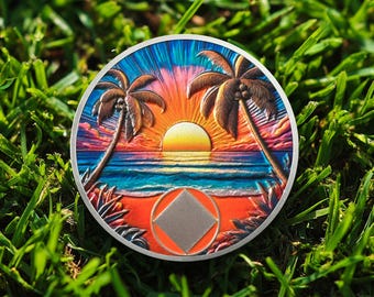 Moneta commemorativa personalizzata per la sobrietà: Alba sulla spiaggia, Preghiera della serenità, placcata in argento