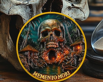 Memento Mori Coin Hourglass Skull, Antique Gold Finish Stoic Collectible Chip