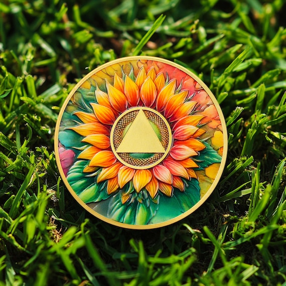 1-99 Years Blooming Sunflower AA Medallion, Personalized Sobriety Gift Milestone Coin