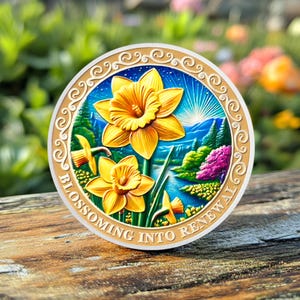 March Sobriety Coin Flower Chip, Daffodils Recovery Medallion Narcotics Alcoholics Anonymous Serenity Prayer Gift for Men Women