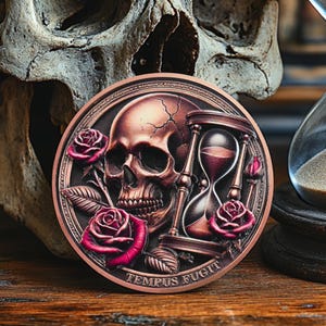 AtSKnSK Pièce Memento Mori Tempus Fugit – Crâne Corbeau & Épées – Médaille Philosophique En Alliage Argenté – Cadeau Fort