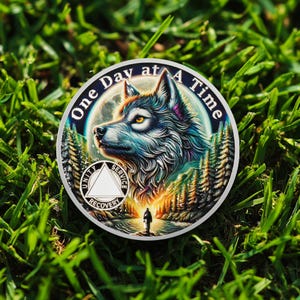 1-99 Years Aurora Wolf AA Medallion, Anniversary Sobriety Coin Recovery Gift