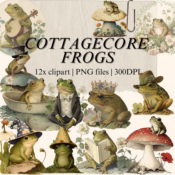 Cottagecore Cute Frog Clipart PNG Bundle | Watercolor Toad Goblincore Mushroom Nature Digital Download for Sticker, Commercial Use
