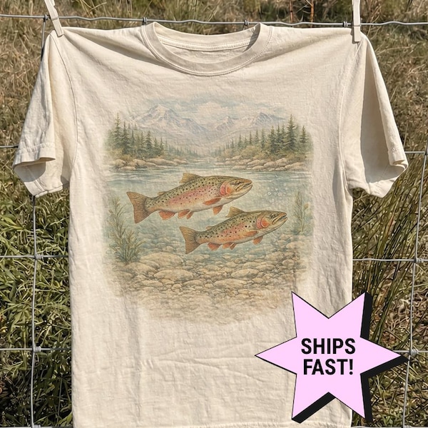 Vintage Trout 90s Fishing Shirt, Mountain River Landscape Comfort Colors® Tee, Retro Fisherman Outdoor Graphic, Fisherman Gift
