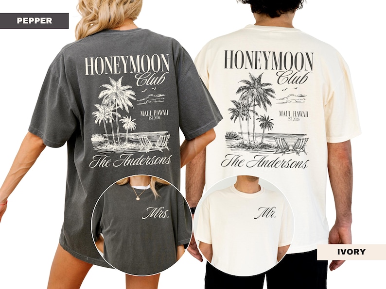 a couple wearing matching t-shirts with the text "Honeymoon Club" printed on them.