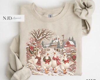 Vintage Christmas Geese Sweatshirt, Retro Winter Farmhouse Tee, Cozy Holiday Graphic Crewneck, Boxy Crop Tee, Comfort Colors® Shirt