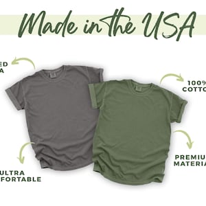 two t-shirts, one gray and one green, with text highlighting their features.