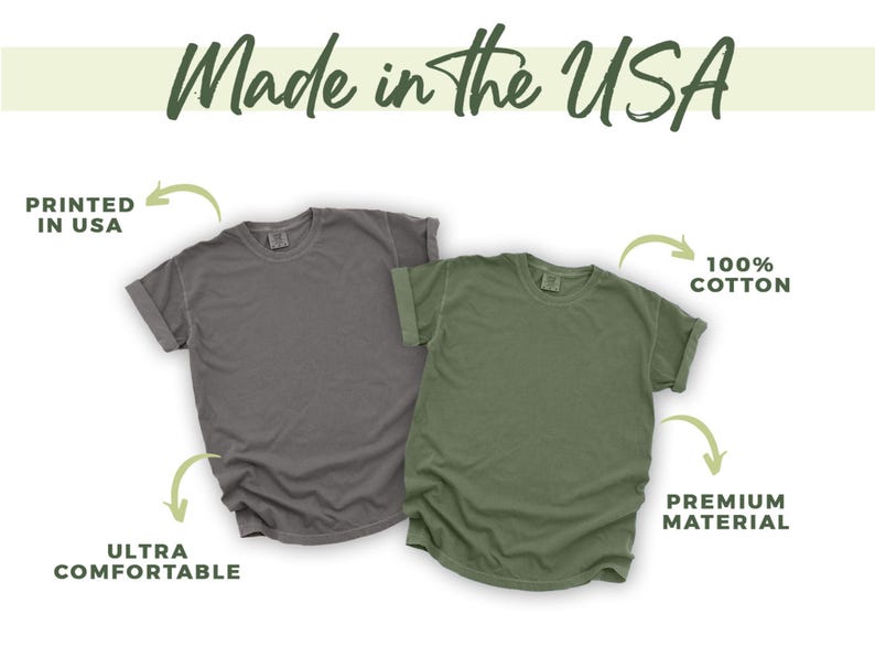 two t-shirts, one gray and one green, with text highlighting their features.