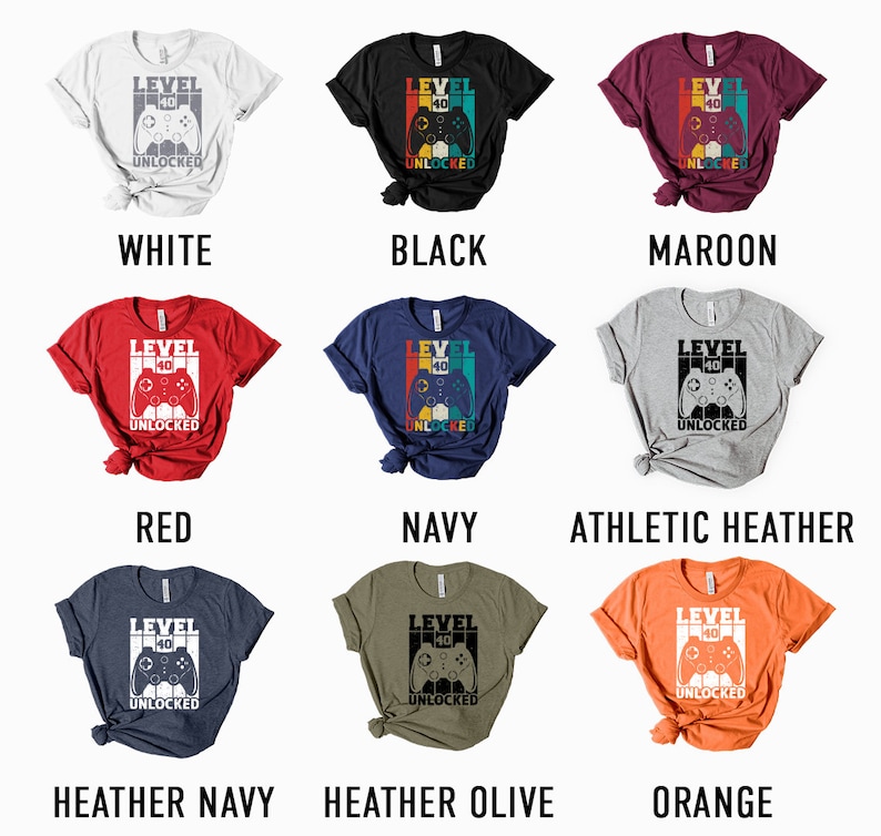 May include: A set of ten t-shirts in various colors, each featuring a retro-style video game controller graphic with the text "Level 40 Unlocked".