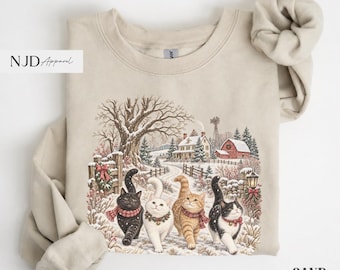 Vintage Christmas Cats Shirt, Winter Farmhouse Graphic Tee, Holiday Sweatshirt, Christmas Shirt for Cat Moms, Comfort Colors® T Shirt