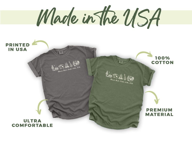 two t-shirts, one gray and one green, with text indicating that they are made in the USA and are printed in the USA.