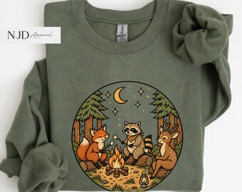 Vintage Camping Sweatshirt, Woodland Animals Graphic Tee, Retro Forest Campfire Shirt, Fox Raccoon Deer Tee, Wildlife Nature Lover Gift