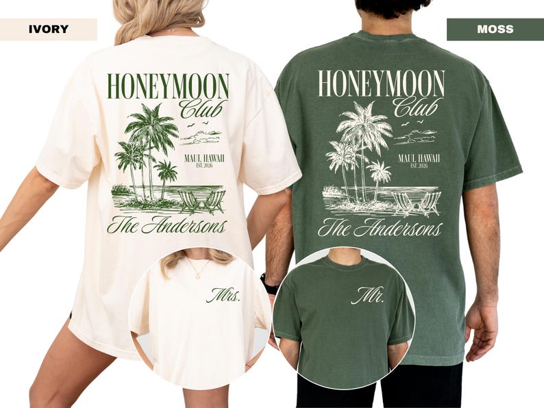 two t-shirts with a tropical beach scene and the text "Honeymoon Club" printed on them.